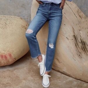 AYR Yes Yes Yes Distressed Straight Leg High Rise Frayed Denim Jeans Womens 28